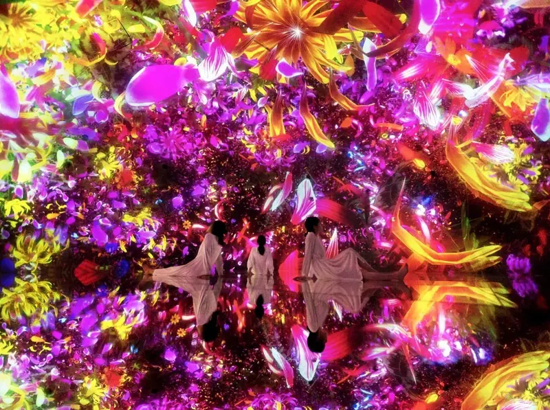 꽃 영상으로 둘러싸인 teamLab Planets 전시 공간의 관람객들