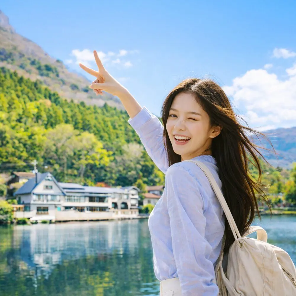 산과 호수를 배경으로 손을 들어 포즈를 취하는 여행자